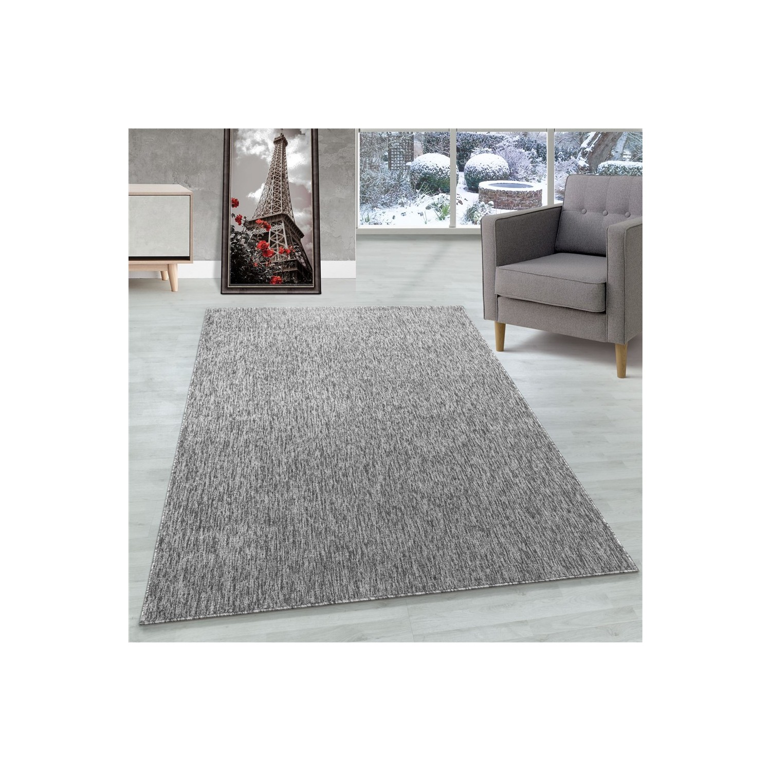 Alfombra salón pelo corto jaspeado brillante 4 mm alto gris claro